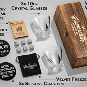 Mixology & Craft Whiskey Stones Gift Set - Pack of 6 Granite Chilling Rocks w/ 2 10 oz Old Fashioned Glasses in Wooden Box - Whiskey Gifts for Men on Birthday, Father's Day or Christmas