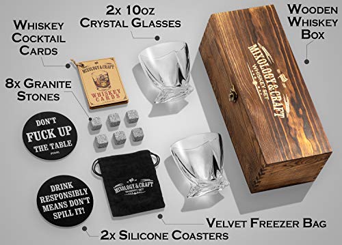 Mixology & Craft Whiskey Stones Gift Set - Pack of 6 Granite Chilling Rocks w/ 2 10 oz Old Fashioned Glasses in Wooden Box - Whiskey Gifts for Men on Birthday, Father's Day or Christmas