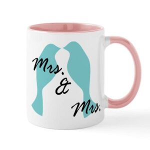 cafepress mrs. and mrs. blue love bird lesbian wedding card ceramic coffee mug, tea cup 11 oz
