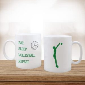 Gifts for Volleyball Players, "Eat Sleep Play Volleyball Repeat" Classic Coffee Mug, 11 Ounce, White and Green, Man Playing Volleyball