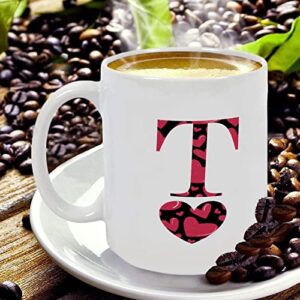 Valentine's Day Love Monogram Letter T Coffee Mug Happy Valentine's Day Mug 11oz Black Red Love Heart Porcelain Tea Cup Custom Name Cup for Coffee Lover Women Funny Mug Holiday Gift Item