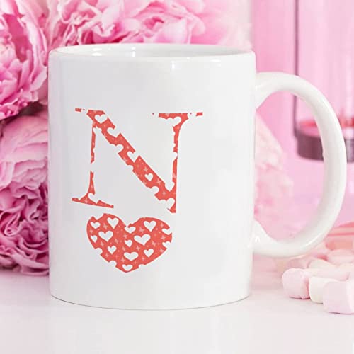 Valentine's Day Love Monogram Letter N Coffee Mug Pink White Love Heart Mug 11oz Custom Name White Porcelain Tea Cup Happy Valentine's Day Cup Anniversary Wedding Engagement Gift for Couple