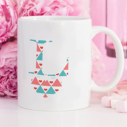 Valentine's Day Love Monogram Letter L Tea Cup Custom Name Tea Mug 11oz Lake Blue Pink Heart Porcelain Mug Love Heart Initials Letter Coffee Mug Gift for Wife Women Girls Lovers