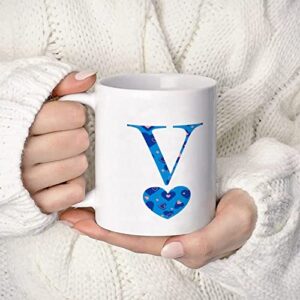 Valentine's Day Love Monogram Letter V Coffee Mug Happy Valentine's Day Coffee Cup Custom Name Porcelain Cup 11oz Love Heart Initials Letter Tea Mug Wedding Engagement Gift for Couple