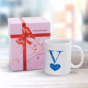 Valentine's Day Love Monogram Letter V Coffee Mug Happy Valentine's Day Coffee Cup Custom Name Porcelain Cup 11oz Love Heart Initials Letter Tea Mug Wedding Engagement Gift for Couple