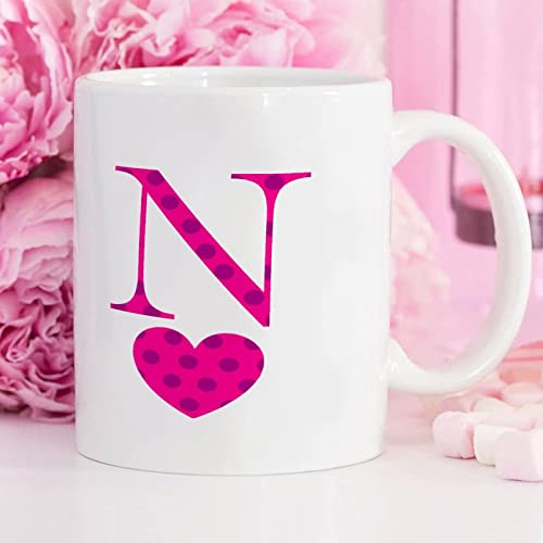 Valentine's Day Love Monogram Letter N Coffee Cup Love Heart Initials Letter Coffee Mug 11oz Custom Name Porcelain Mug Rose Red Polka Dot Tea Mug Wedding Engagement Gift for Couple