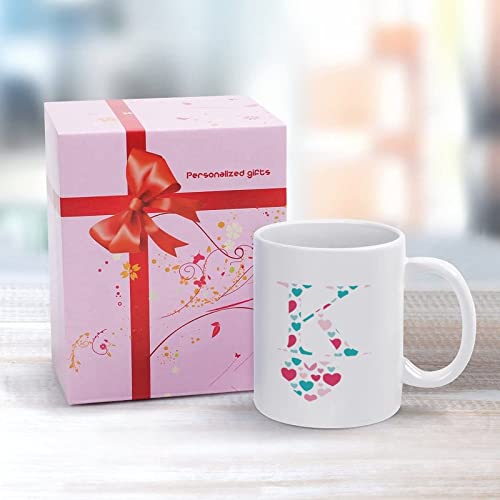 Valentine's Day Love Monogram Letter K Tea Mug Happy Valentine's Day Porcelain Coffee Cup 11oz Love Heart Initials Letter Novelty Mug Custom Name Tea Cup Gift for Wife Women Girls Lovers