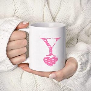 Valentine's Day Love Monogram Letter Y Coffee Mug White Pink Heart Porcelain Coffee Cup 11oz Happy Valentine's Day Cup Love Heart Initials Letter Tea Cup Anniversary Wedding Gift for Couple