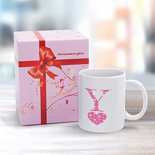 Valentine's Day Love Monogram Letter Y Coffee Mug White Pink Heart Porcelain Coffee Cup 11oz Happy Valentine's Day Cup Love Heart Initials Letter Tea Cup Anniversary Wedding Gift for Couple