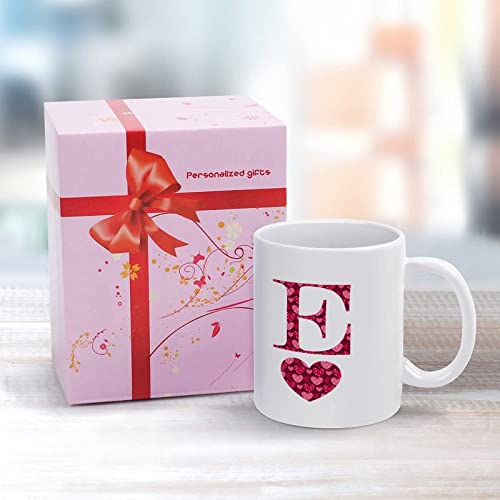 Valentine's Day Love Monogram Letter E Tea Mug Rose Red Pink Heart Polka Dots Cup 11oz Happy Valentine's Day White Porcelain Coffee Cup Custom Name Mug Anniversary Wedding Gift for Couple