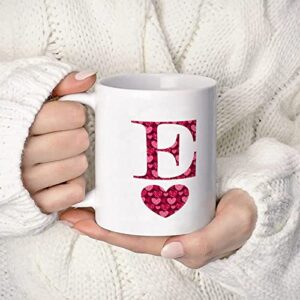 valentine’s day love monogram letter e tea mug rose red pink heart polka dots cup 11oz happy valentine’s day white porcelain coffee cup custom name mug anniversary wedding gift for couple
