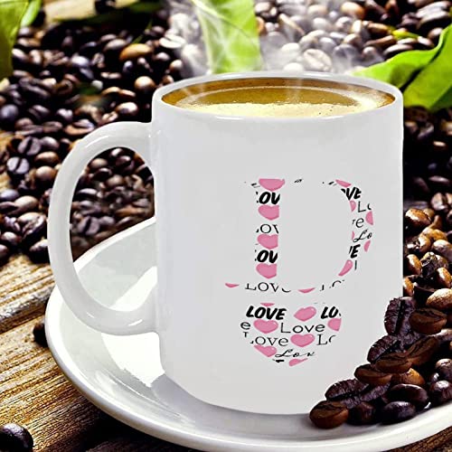 Valentine's Day Love Monogram Letter D Tea Mug Custom Name Tea Cup Pink Heart Black Love Unique White Porcelain Mug 11oz Happy Valentine's Day Coffee Mug Gift for Wife Women Girls Lovers