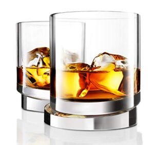 joyjolt aqua vitae whiskey glass set of 2. round whiskey glasses with off set base. old fashioned rocks glasses for scotch and bourbon. unique whiskey tumbler gifts for men