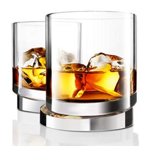 JoyJolt Aqua Vitae Whiskey Glass Set of 2. Round Whiskey Glasses with Off Set Base. Old Fashioned Rocks Glasses for Scotch and Bourbon. Unique Whiskey Tumbler Gifts for Men