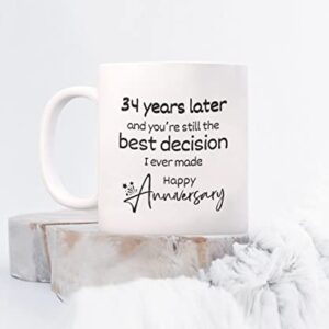 34th Anniversary Coffee Mug, Best 34 Years Wedding Anniversary Appreciation Tumbler Gifts For Husband Him Her Men Women Wife Couple Thirty Four Fourth Year Funny Marriage Travel Presents Tea Cup