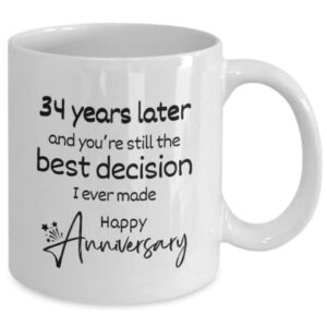 34th Anniversary Coffee Mug, Best 34 Years Wedding Anniversary Appreciation Tumbler Gifts For Husband Him Her Men Women Wife Couple Thirty Four Fourth Year Funny Marriage Travel Presents Tea Cup