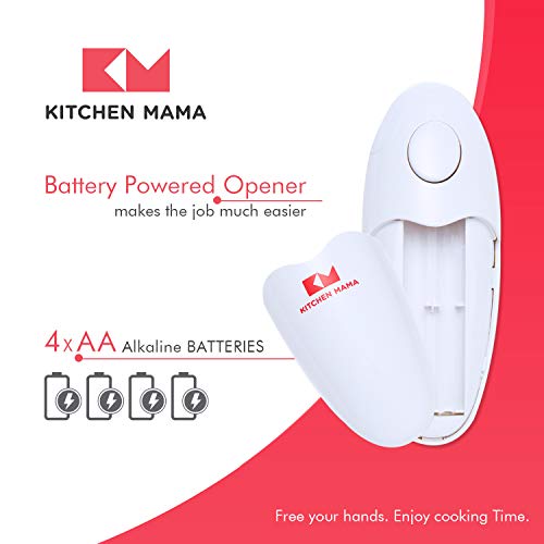 Kitchen Mama Electric Can Opener: Open Your Cans with A Simple Push of Button - Smooth Edge, Food-Safe and Battery Operated Handheld Can Opener(White)