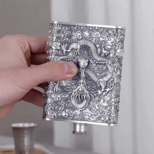 GOHQ Hip Flask for Liquor for Men,999 Sterling Silver Leak proof Dragon Drinking Flasks Used for Gift,Camping, Outdoor Activitie,Groomsman Bridesmaid Wedding Party