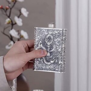 GOHQ Hip Flask for Liquor for Men,999 Sterling Silver Leak proof Dragon Drinking Flasks Used for Gift,Camping, Outdoor Activitie,Groomsman Bridesmaid Wedding Party