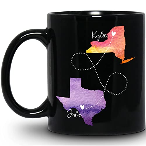 Personalized Long Distance Friendship Gifts Coffee Mug, Customized Best Friend Mugs, Friends Gag Gifts, Sense of Humor, State to State, Long Distance Relationship Gifts Black Coffee Mug