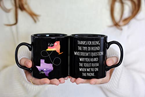 Personalized Long Distance Friendship Gifts Coffee Mug, Customized Best Friend Mugs, Friends Gag Gifts, Sense of Humor, State to State, Long Distance Relationship Gifts Black Coffee Mug