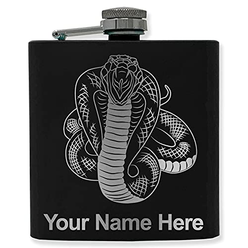 6oz Stainless Steel Flask, Cobra Snake, Personalized Engraving Included (Black)