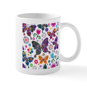 cafepress colorful flowers and butterflies pattern mugs ceramic coffee mug, tea cup 11 oz
