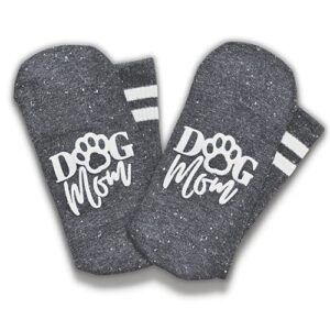 boutique dog mom crew socks for women – soft fuzzy no slip grip soles – fun novelty wife, grandma, or girl birthday gift or christmas present stocking stuffer – sock gifts for best friend – charcoal
