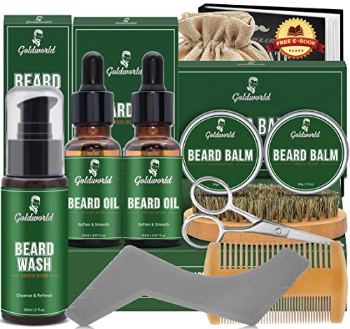 Beard Kit,Beard Growth Grooming Kit w/2 Pack Beard Oil & 2 Pack Beard Balm,Christmas Stocking Stuffers Gifts forfor Men Him Husband Dad Boyfriend,Shaving Kit w/Beard Wash Comb Brush (Sandalwood)