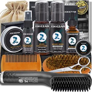 beard straightener kit,beard growth grooming kit w/beard straightener,heat protectant spray,beard wash shampoo,conditioner,oil,balm,wax,comb,brush,scissor,bag,e-book,gifts for men him dad