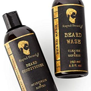 Beard Shampoo and Beard Conditioner Wash & Growth kit for Men Care - Softener & Moisturizer for Hydrating, Cleansing and Refreshing Beard and Mustache Facial Hair Gift Set (250ml / 8.5 fl oz)