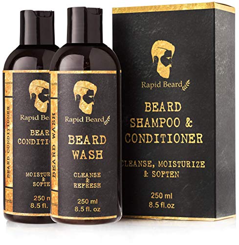 Beard Shampoo and Beard Conditioner Wash & Growth kit for Men Care - Softener & Moisturizer for Hydrating, Cleansing and Refreshing Beard and Mustache Facial Hair Gift Set (250ml / 8.5 fl oz)