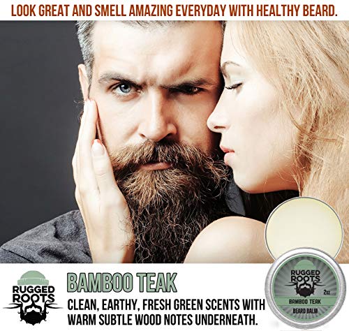 Beard Balm for Men by Rugged Roots-Hair Nourishing Beard Balm with Bamboo Teak Scent for Healthy Beards-Strong Beard Growth and Strengthen Hair-Small Gift Perfect for Stocking Stuffers for Men