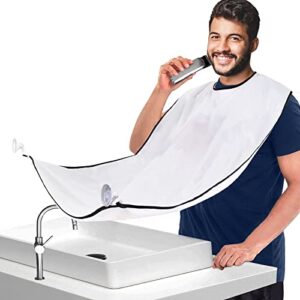 beard trimming catcher bib, beard hair catcher for men shaving, non-stick beard apron cape grooming cloth, waterproof, with 4 suction cups, christmas gifts for men – white