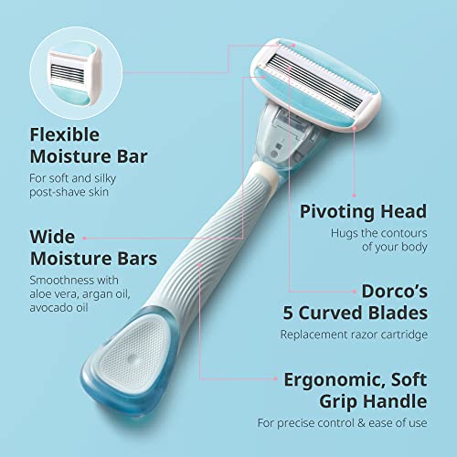 Dorco EVE 5 Razors for Women for Extra Smooth Shaving (1 Razor Handle, 6 Pcs Razor Blade Refills), 5 Curved Blades with Flexible Moisture Bar, Womens Razors for Shaving with Aloe Vera Moisture Bar, Interchangeable Cartridge for Sensitive Skin, Stocking St