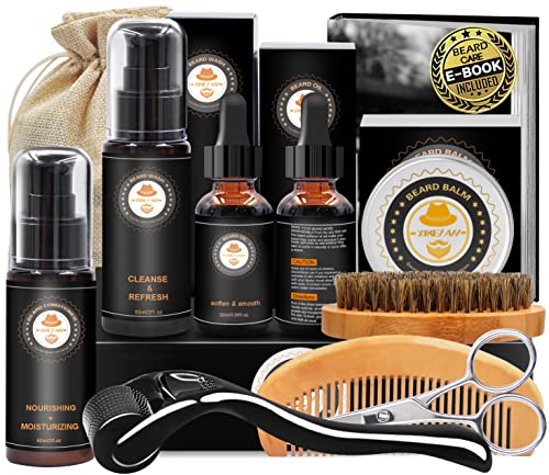 Upgraded Beard Grooming Kit w/Beard Conditioner,Beard Oil,Beard Balm,Beard Brush,Beard Shampoo/Wash,Beard Comb,Beard Scissors,Storage Bag,Beard E-Book,Beard Growth Care Gifts for Men