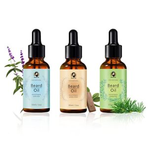 varolan beard oil conditioner 3 pack, beard oil kit for men, cedarwood, sandalwood, and sage for men mustaches, thicker facial hair, softening and moisturizing, gifts for him man dad father boyfriend