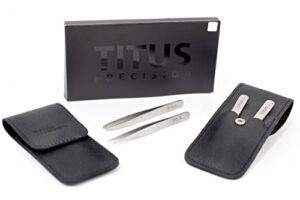 titus elite – luxury twin pack – premium grade slant tip & splinter tip tweezers with leather case – grooming gift set for teens and adults – useful stocking stuffers gifts for men and women