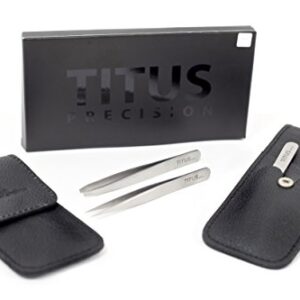 Titus Elite - Luxury Twin Pack - Premium Grade Slant Tip & Splinter Tip Tweezers with Leather Case - Grooming Gift Set for Teens and Adults - Useful Stocking Stuffers Gifts for Men and Women