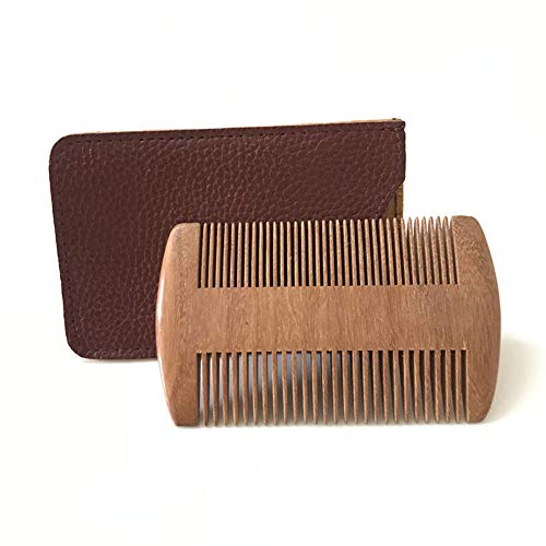 Wooden Beard Comb with PU Leather Case Pocket Beard Comb Fine & Coarse Teeth for Men Beards & Mustaches Grooming