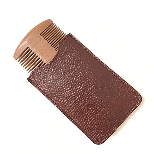 Wooden Beard Comb with PU Leather Case Pocket Beard Comb Fine & Coarse Teeth for Men Beards & Mustaches Grooming
