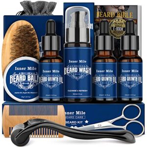 ISNER MILE Beard Growth Kit - Beard Kit with Beard Roller, Beard Growth Oil, Beard Wash, Beard Balm, Beard Brush, Comb, Shaving Scissors, Bag, eBook, Birthday Gifts for Fathers Boyfriends Dad Men Him