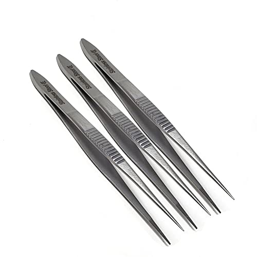 Professional Stainless Steel Set of 3 Tweezers 4.5" with Fine Serrated Precision Straight Tips for Facial Hair, Splinter and Ingrown Hair Removal Used by Women & Men