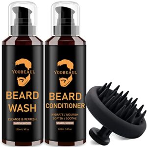 beard wash & conditioner & silicone brush professional set w/argan & jojoba oils – softens & strengthens, shine, reduce beard itchy, dandruff & frizz – beard shampoo w/beard oil 2 x 4 fl oz 120ml