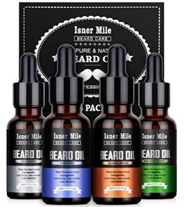 isner mile beard oil 4 pack, stocking stuffers gifts for him dad boyfriend, mustaches soften, moisturize, strength and growth with sandalwood, bay rum, cologne, unscented, beard maintenance treatment