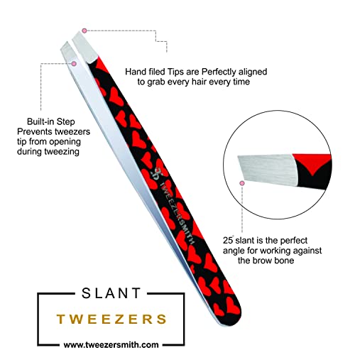 Tweezersmith Professional Tweezers for Eyebrow | Slant Tip Tweezer | Eyebrow Tweezers | Best Tweezers for Hair Plucking | Tweezers for Chin Hair | Tweezer for Men and Women (Red Heart)