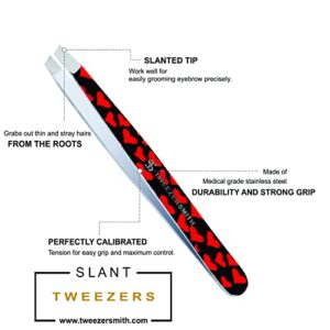 Tweezersmith Professional Tweezers for Eyebrow | Slant Tip Tweezer | Eyebrow Tweezers | Best Tweezers for Hair Plucking | Tweezers for Chin Hair | Tweezer for Men and Women (Red Heart)