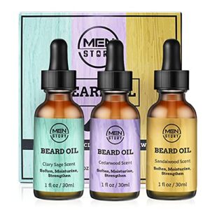menstory beard growth oil 3 scent pack, cedarwood, sandalwood, and sage, moisturizing, softening, beards & mustaches facial hair growth oil for men, beard gifts for man dad father boyfriend (3 fl oz total)