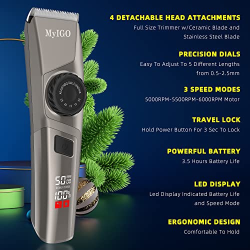 Beard Trimmer for Men Adjustable & Cordless/Cord, MyIGO Body&Groin Trimmer Replaceable Ceramic Blade, Professional Hair Clipper Stainless Steel, Waterproof Mens Grooming Haircut Kit 210 Mins Runtime