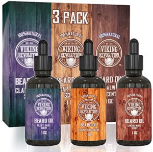 viking revolution beard oil conditioner 3 pack – all natural variety set – sandalwood, pine & cedar, clary sage conditioning and moisturizing for a healthy beard